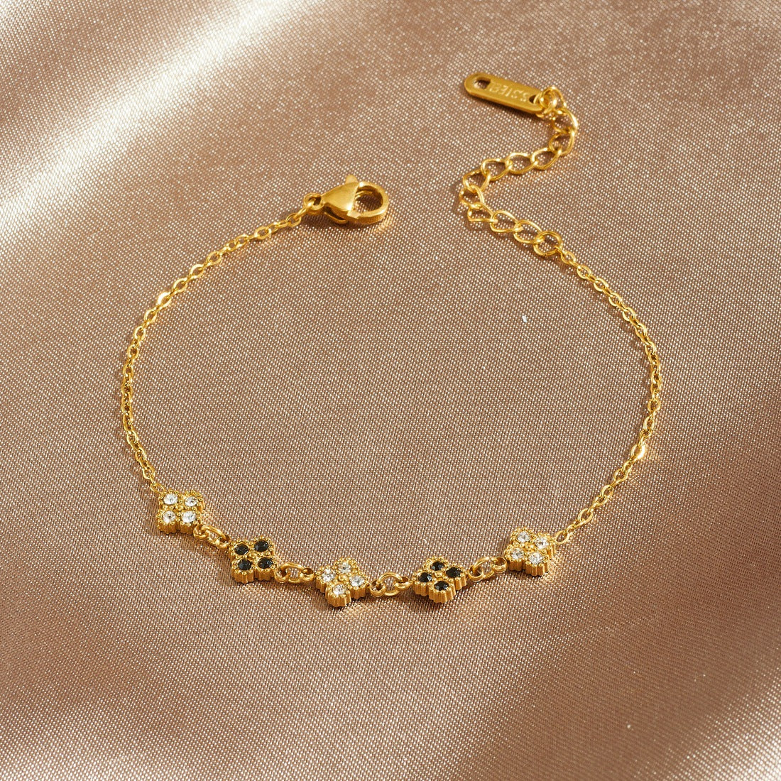 Minimalist Gold Plated Stainless Steel Rhinestone Floral Bracelet for Women