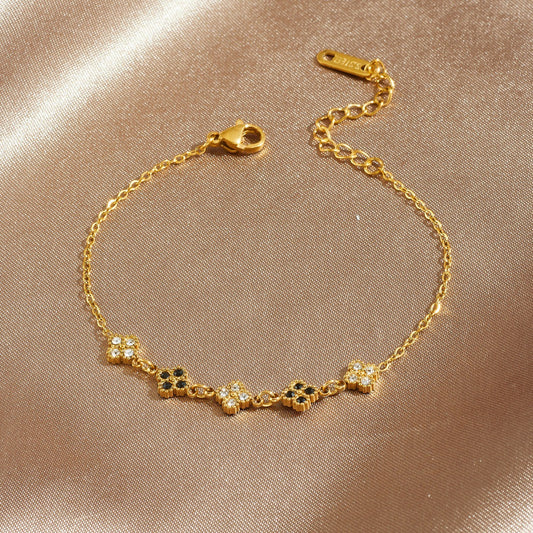 Minimalist Gold Plated Stainless Steel Rhinestone Floral Bracelet for Women