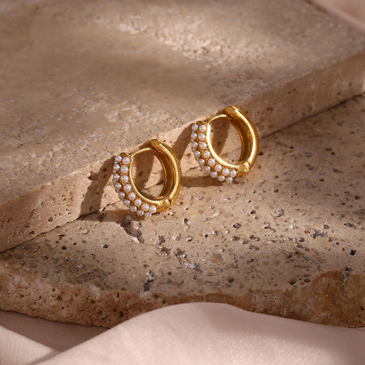 Pendientes de aro redondos geométricos con perlas, de lujo minimalista, de acero inoxidable chapado en oro de 18 quilates para mujer