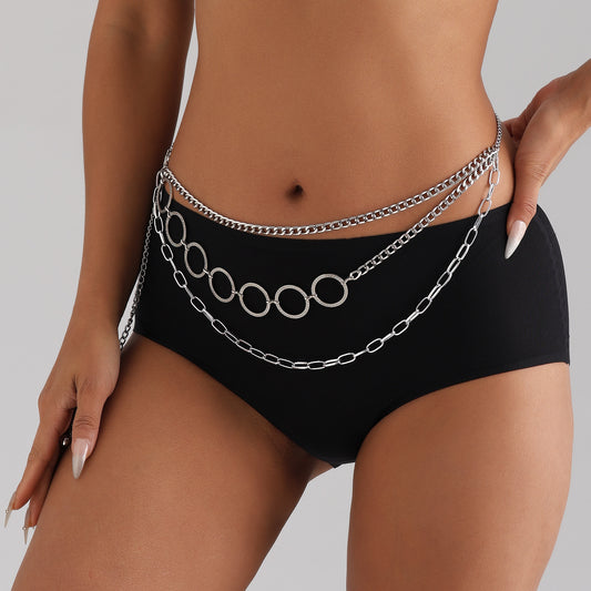 Punk Style Minimalist Multi-Layer Metal Waist Chain for Women with Circular Rings and Elegant Body Chain Design