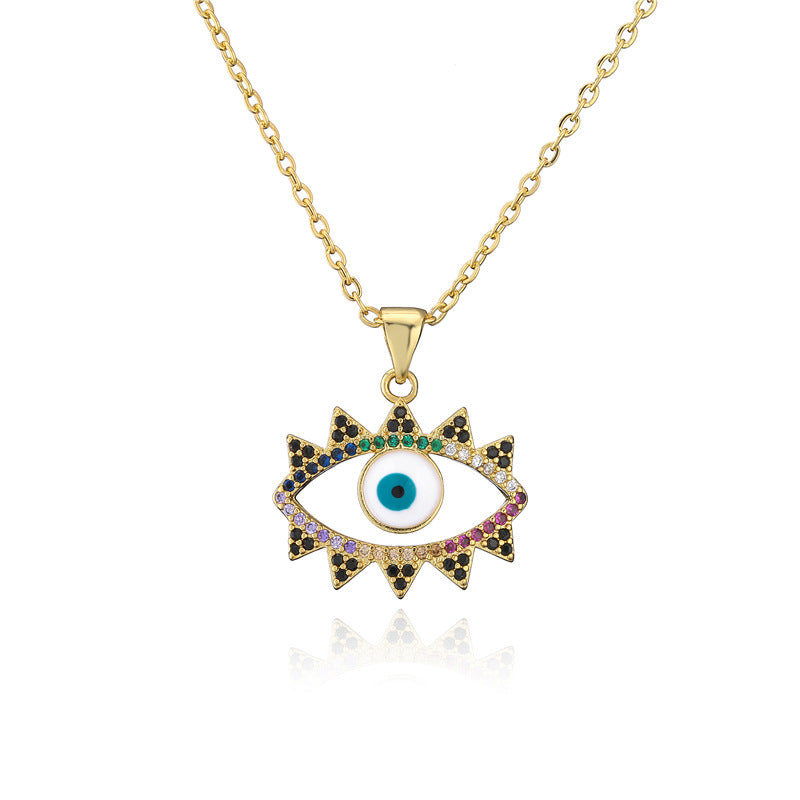 Geometric Brass Evil Eye Pendant Necklace with Micro-Inlaid Cubic Zirconia for Women