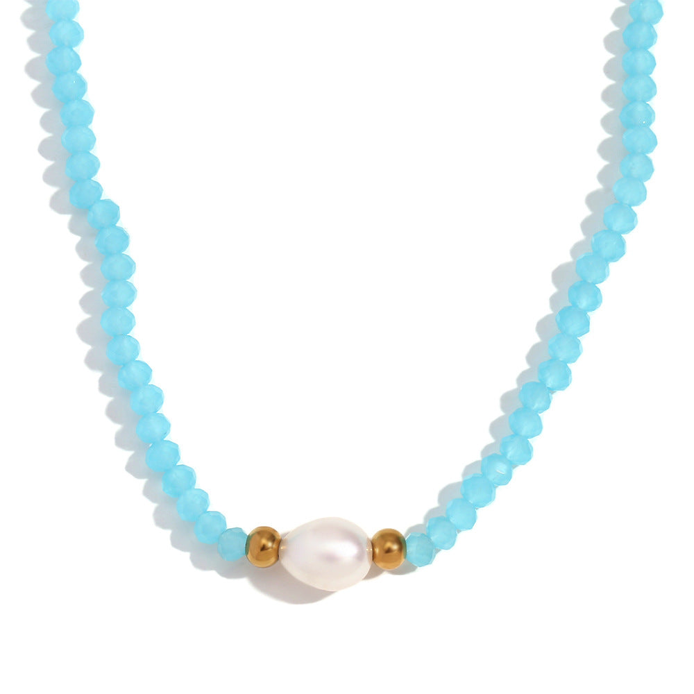 Minimalist Geometric Stainless Steel Pendant Necklace with Freshwater Pearl and Blue Crystal Beads for Women