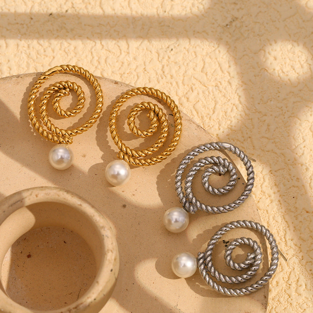 Orecchini a perno da donna in acciaio inossidabile con placcatura in oro 18 carati e accenti di perle, stile geometrico d'ispirazione vintage