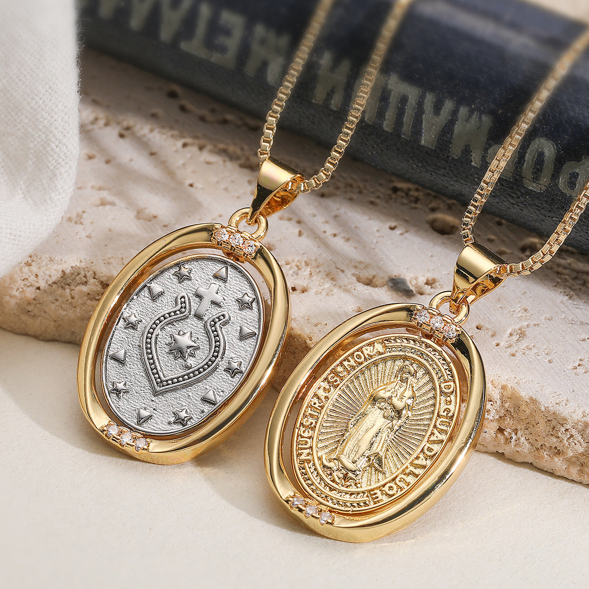Vintage Minimalist Geometric Brass Gold Plated Cubic Zirconia Virgin Mary Pendant Necklace