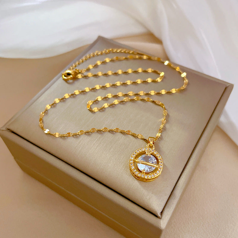 Collana con ciondolo geometrico di lusso da donna in acciaio inossidabile con strass catena girocollo in acciaio al titanio