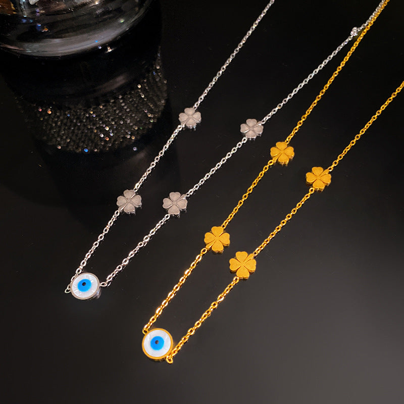 Elegant Evil Eye Four-Leaf Clover Double Layer Titanium Steel Necklace for Women