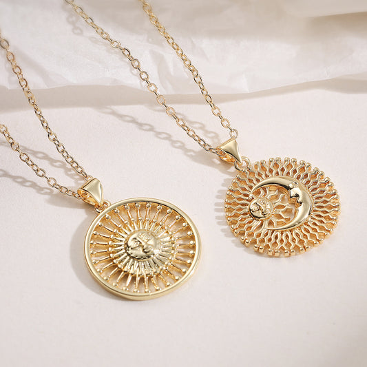 Vintage Minimalist Gold Plated Brass Geometric Sun Moon Pendant Necklace for Women