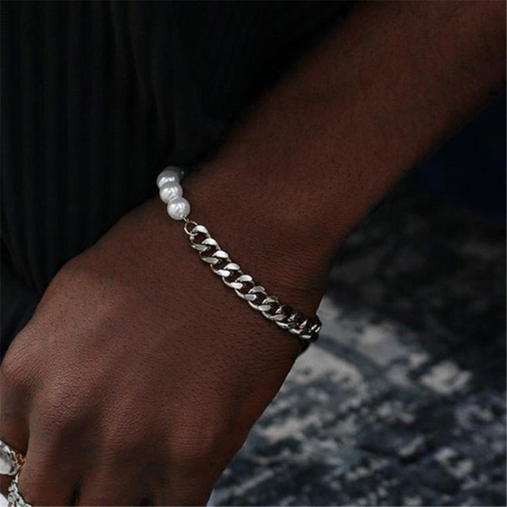 Minimalist Hip-hop Geometric Titanium Steel Cuban Link Chain Bracelet with Pearl for Unisex