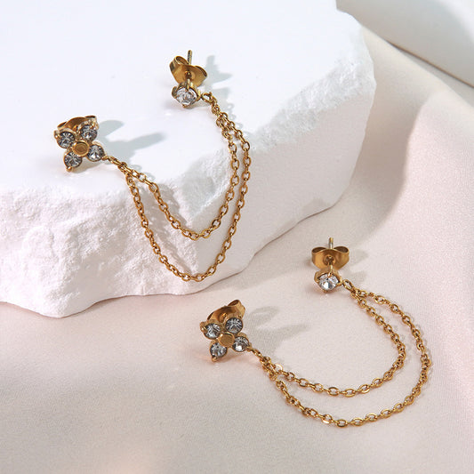 Pendientes de borla de acero inoxidable chapado con circonita cúbica, diseño floral dulce para mujer