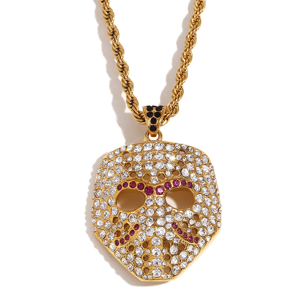 Collar con colgante de calavera minimalista para hombre de acero inoxidable con baño de oro de 18K y incrustaciones de pedrería en cadena de cable retorcido