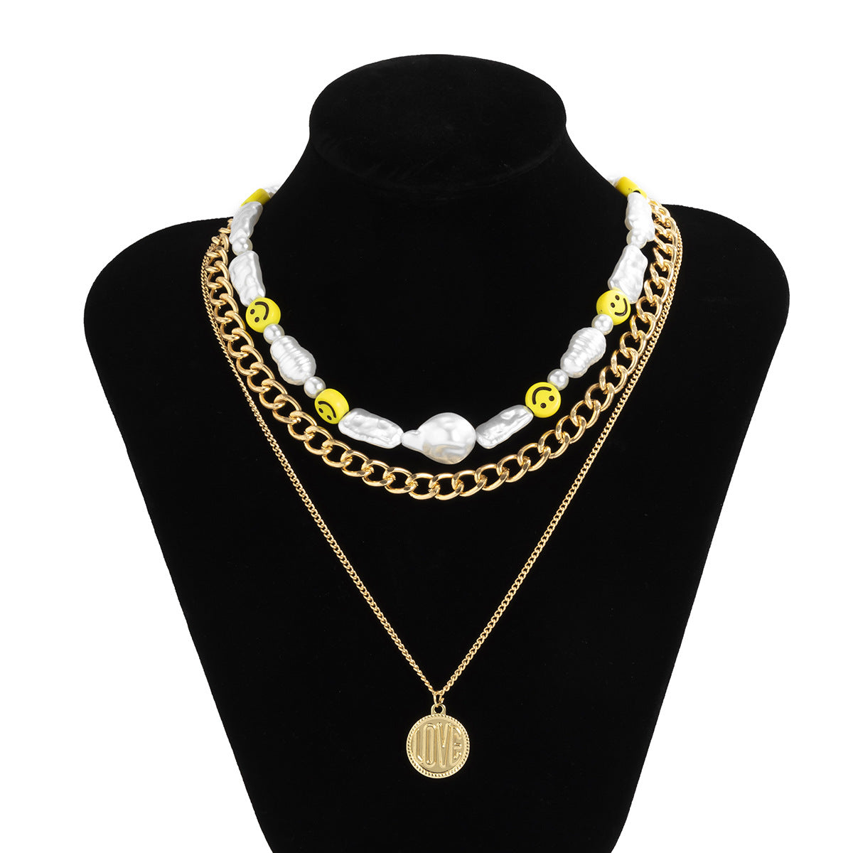 Affascinante Collana Multistrato in Stile Rustico con Faccina Sorridente e Ciondolo a Lettera d'Amore in Lega con Finitura Galvanica