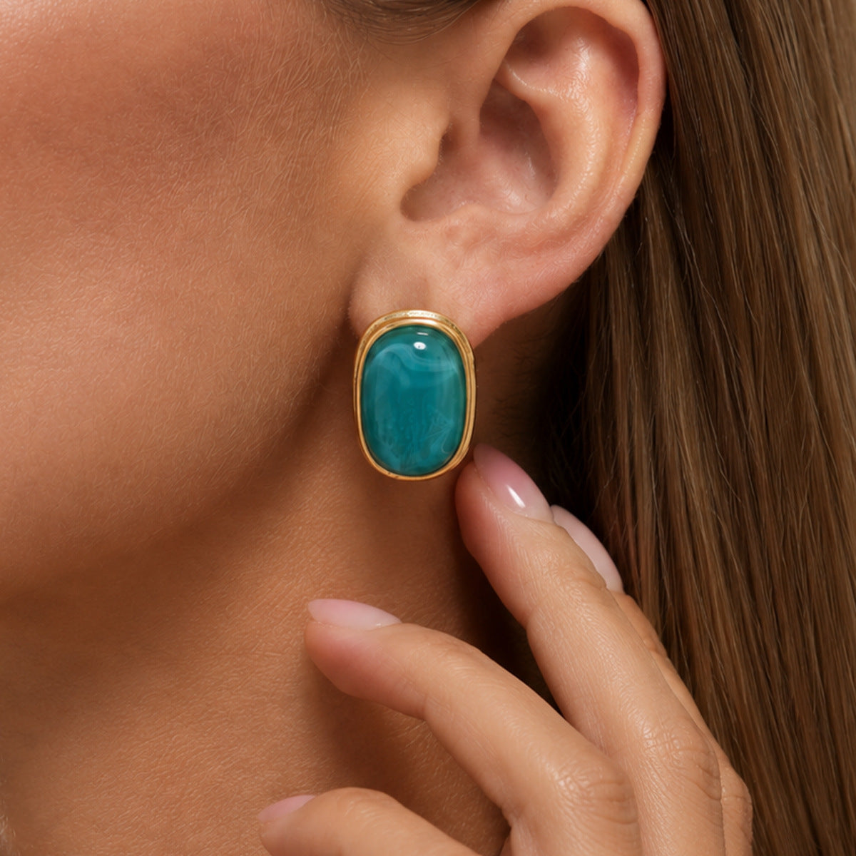 French Vintage Oval Gradient Resin 18K Gold Plated Stainless Steel Earrings for Women