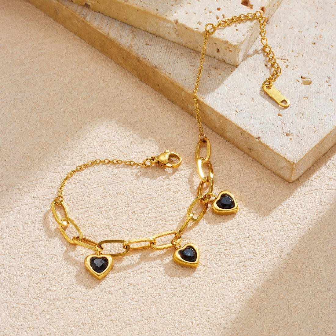 Minimalist Gold Plated Stainless Steel Heart Rhinestone Asymmetric Chain Bracelet for Women