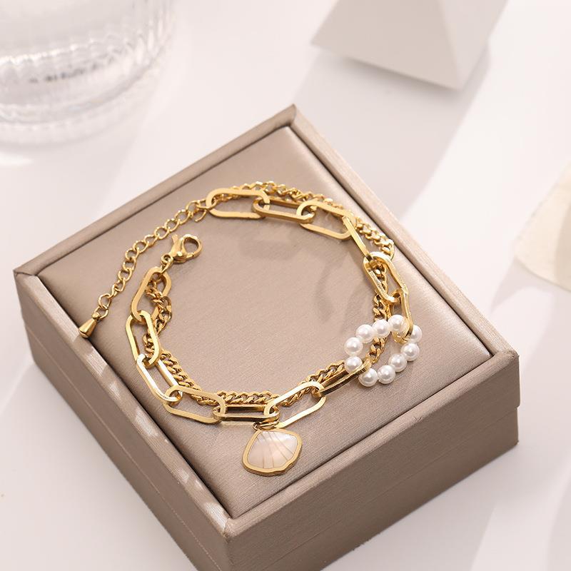 Pulsera gruesa de doble capa de acero titanio hipoalergénico para mujer con chapado en oro de 18K, incrustaciones de nácar ojo de gato y perlas, diseño geométrico, estilo de lujo minimalista