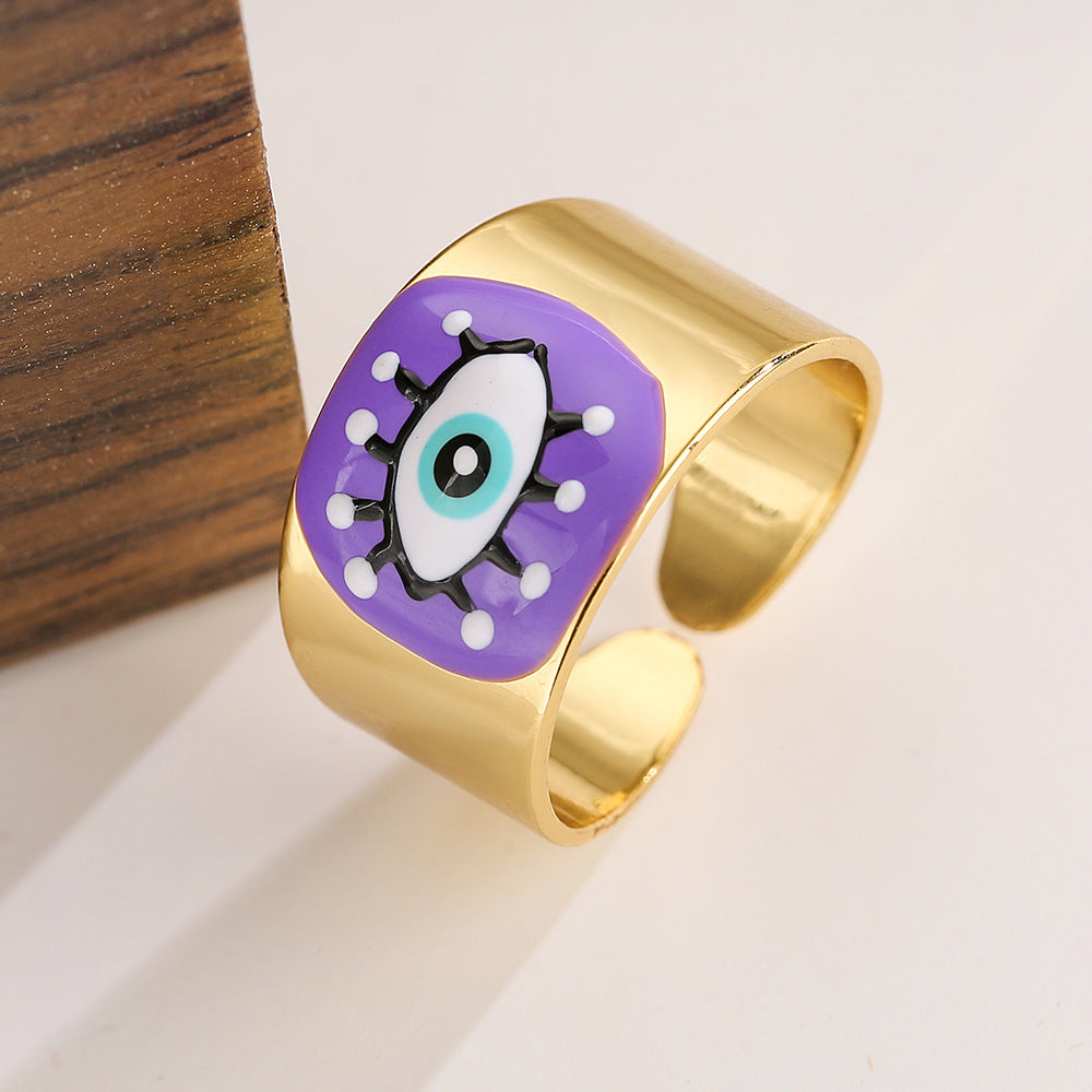 Anello Aperto Geometrico da Donna con Base in Rame Placcato Oro 18K e Smalto Design Occhio di Allah