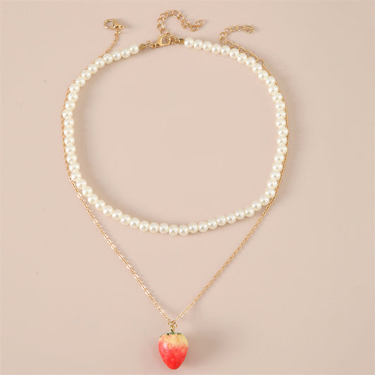 Cute Strawberry Pendant Necklace for Girls with Pearl Accents Minimalist Fruit-Shaped Children's Jewelry Set