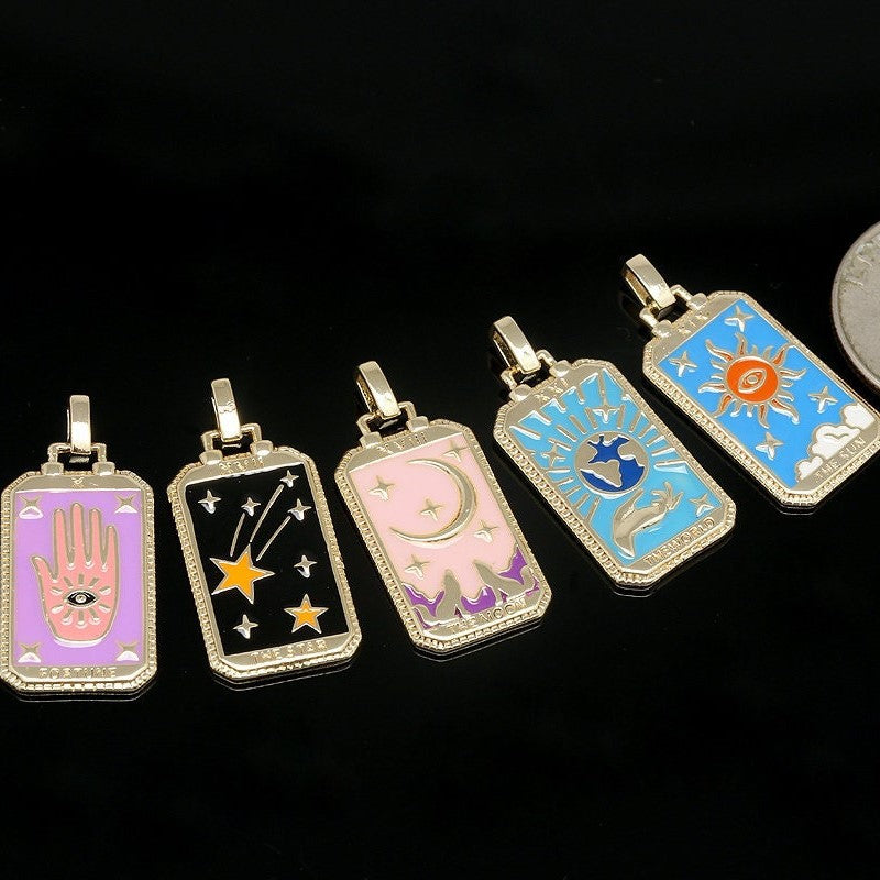 Vintage Tarot Card Pendant Necklace in Copper with Gold Plating and Enamel Finish on Box Chain for Women