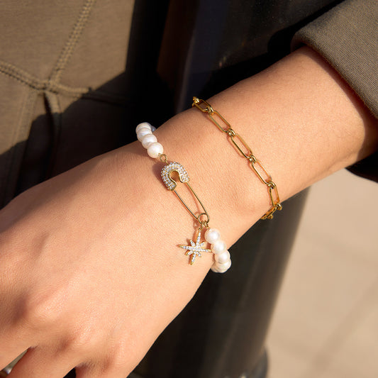 Luxury Geometric Star Titanium Steel Bracelet with Rhinestone and Imitation Pearl for Women