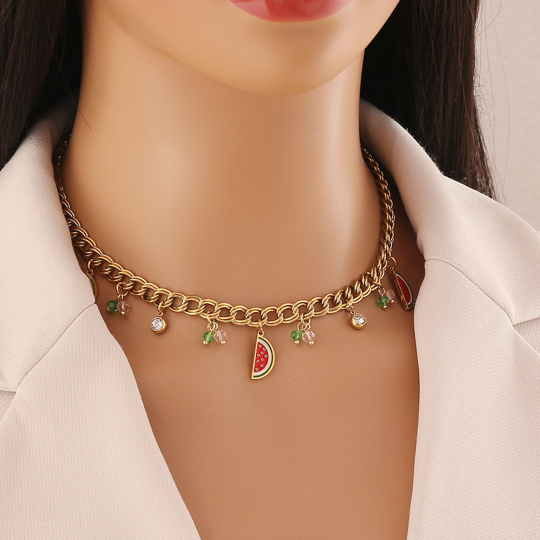 Collana da donna con ciondolo a forma di frutta in acciaio inossidabile, design ananas, anguria e avocado, catena cubana elettrodeposta, stile Fashion OL