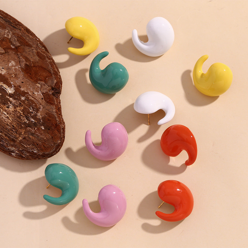 Orecchini a perno da donna in acciaio inossidabile geometrici, minimalisti e di tendenza, placcati in oro 18 carati con accenti smaltati a goccia