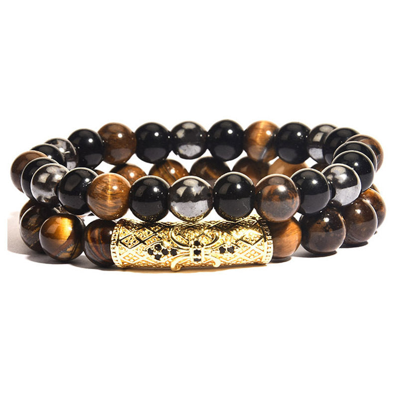Business Crown Shape Brass Inlay Agate Rhinestone Unisex Bracelet Set