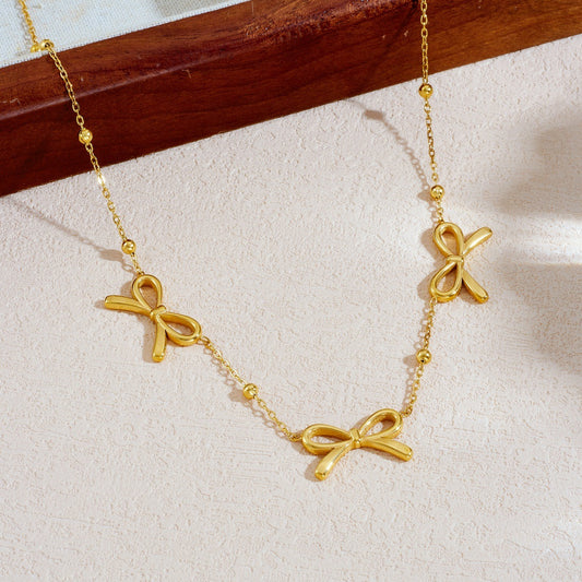 Gold Plated Hollow Bow Knot Stainless Steel Ball Chain Necklace for Women