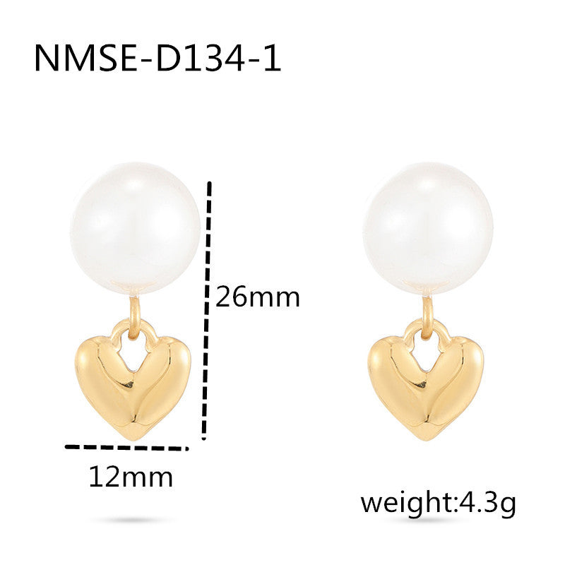 Pendientes de titanio con forma de corazón estilo retro francés para mujer, con detalles de perlas y acabado chapado