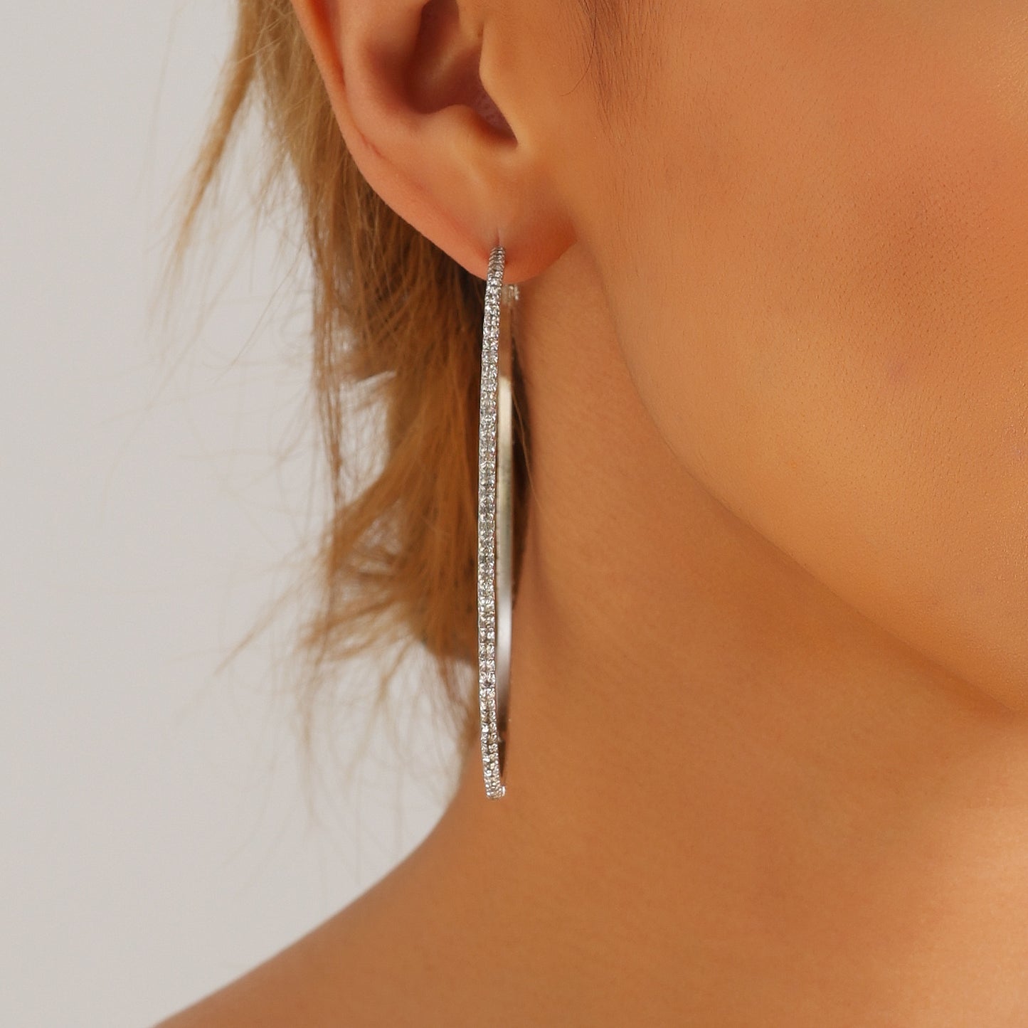 Geometric Shiny Rhinestone Stud Earrings for Women with Plated Metal Hoop Design for Slimming Face Effect