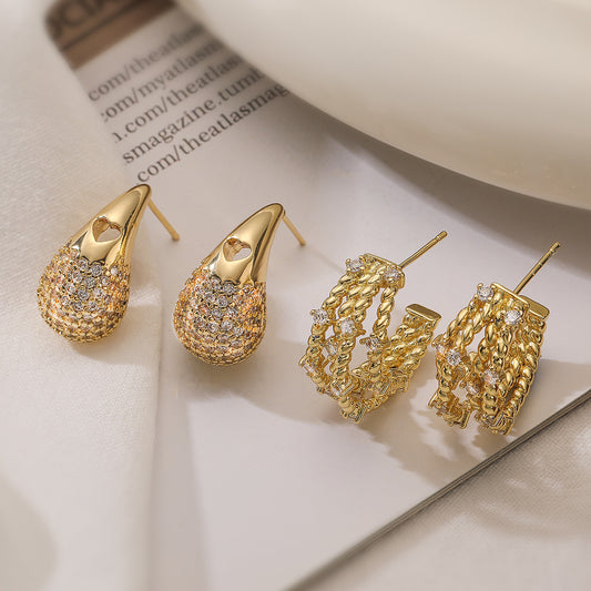 Minimalist Teardrop-Shaped Copper Earrings with 18K Gold Plating and Zircon Accents for Women