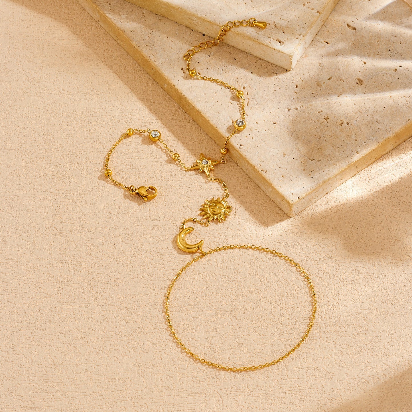Minimalist Gold Plated Stainless Steel Star Moon Hand Chain Bracelet for Women