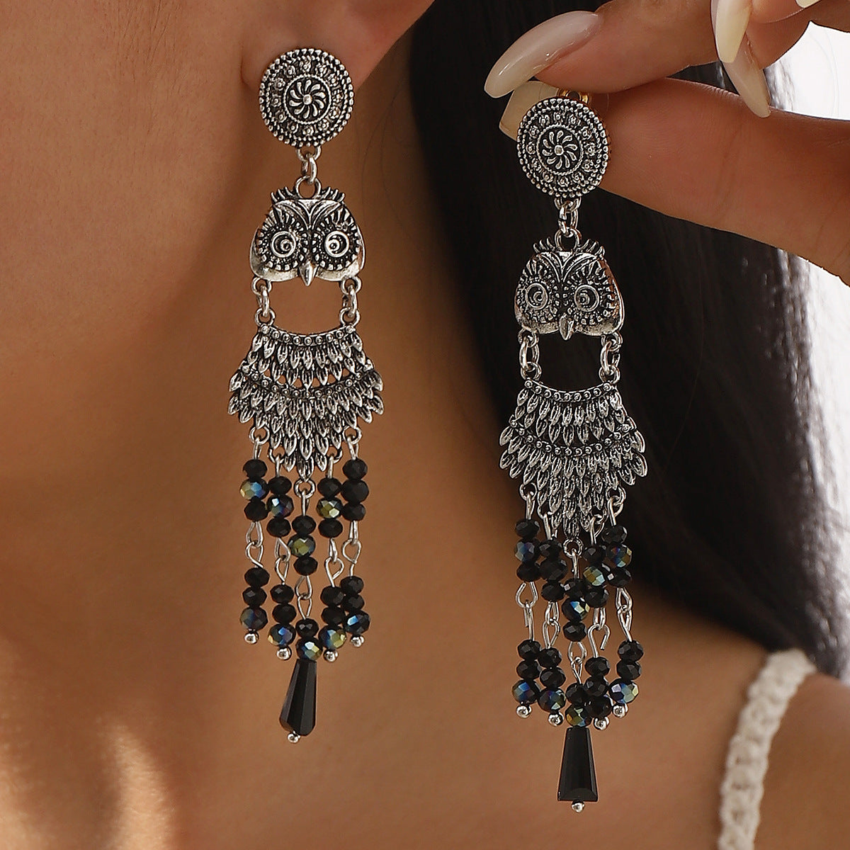 Aretes Bohemio Búho con Borlas en Aleación y Resina, Joyería de Oreja de Moda para Mujer de Estilo Étnico Vintage Electrochapado