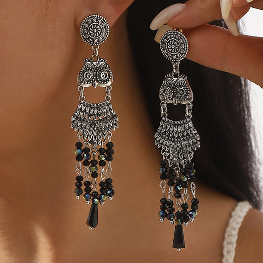 Bohemian Owl Earrings with Tassels in Alloy and Resin, Electroplated Vintage Ethnic Style Women's Fashion Ear Jewelry