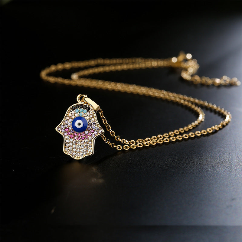 Fashion Hand Evil Eye Geometric Drip Oil Gold Plated Brass Micro-inlay Cubic Zirconia Necklace for Women with Cable Chain