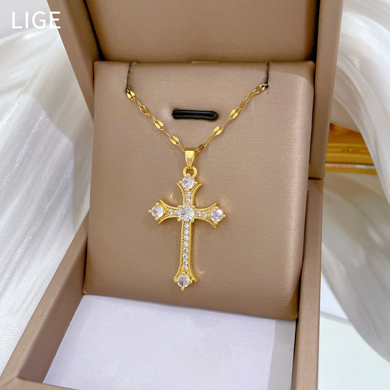Collana Pendente a Croce Minimalista in Acciaio Inossidabile con Intarsio di Zirconi per Donna e Uomo, Delicata Catena a Clavicole