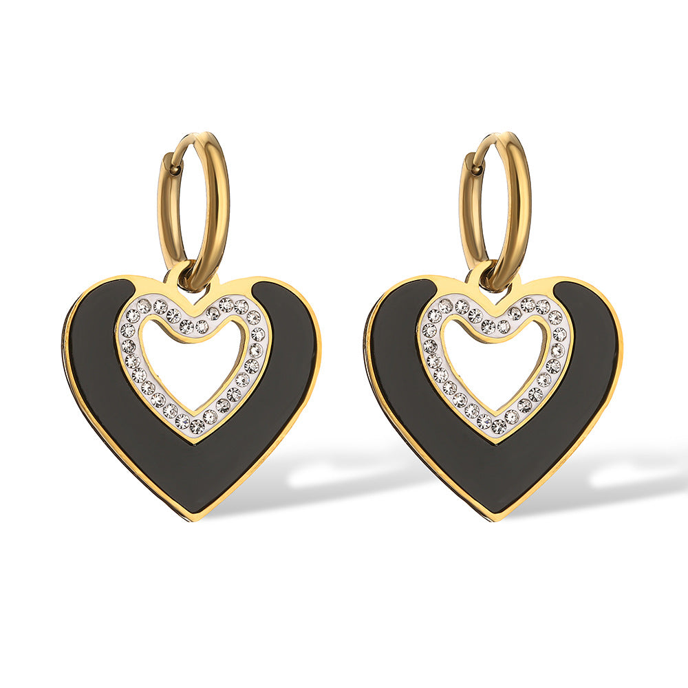 Orecchini da donna a forma di cuore in stile francese elegante, con zirconi e conchiglie, in acciaio al titanio, accessorio di moda minimalista
