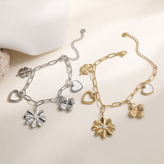 Elegant 18K Gold Plated Floral Heart Geometric Stainless Steel Bracelet for Women