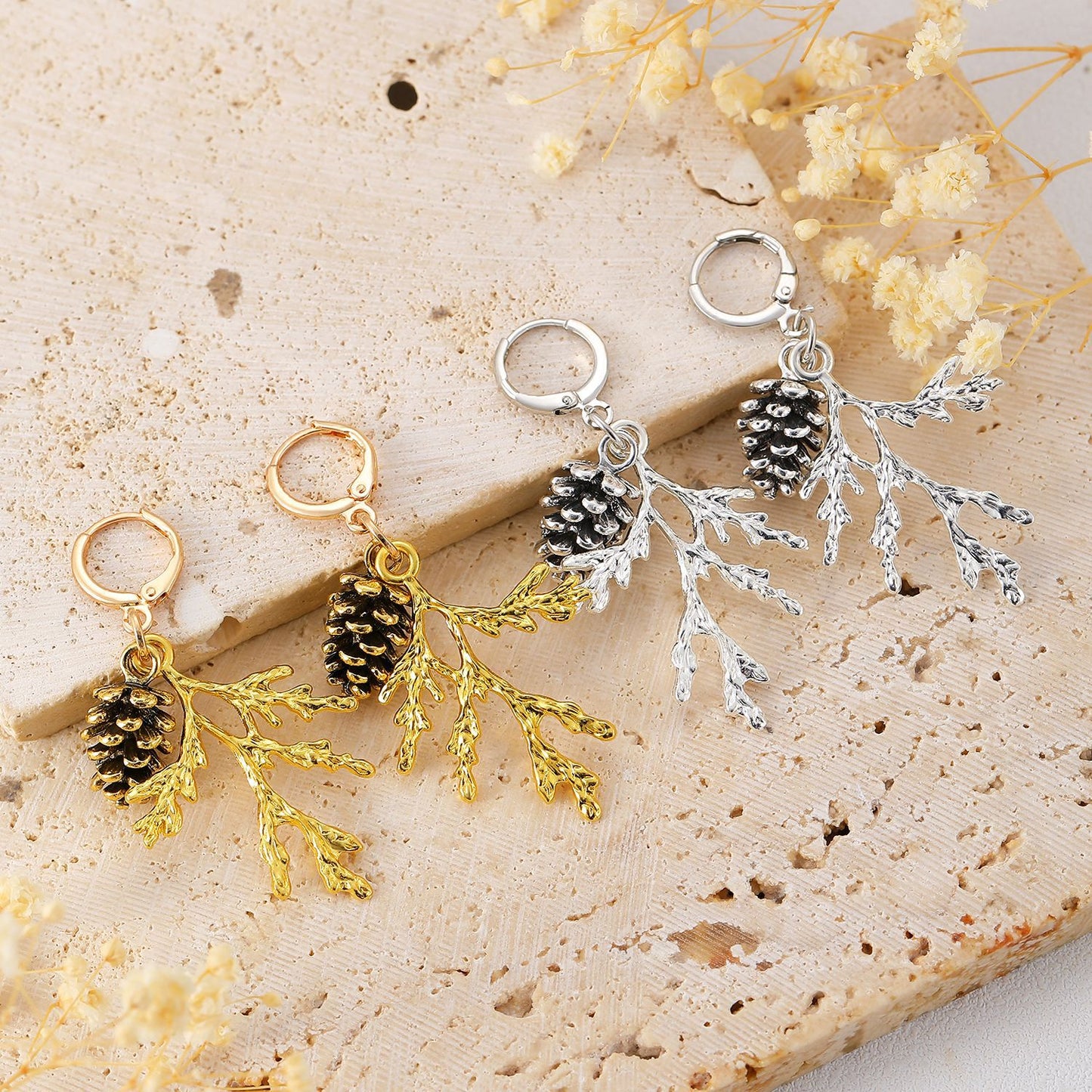 Vintage-Inspired Pine Branch and Pinecone Earrings in Alloy with Gold Plating for Women