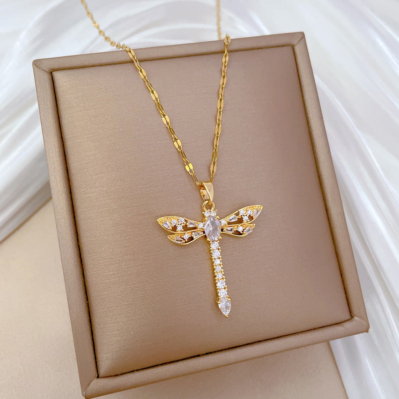 Collana con Ciondolo Libellula Lusso Svuotata con Zirconi per Donne Acciaio Inossidabile Delicata Catena Clavicola con Design Geometrico