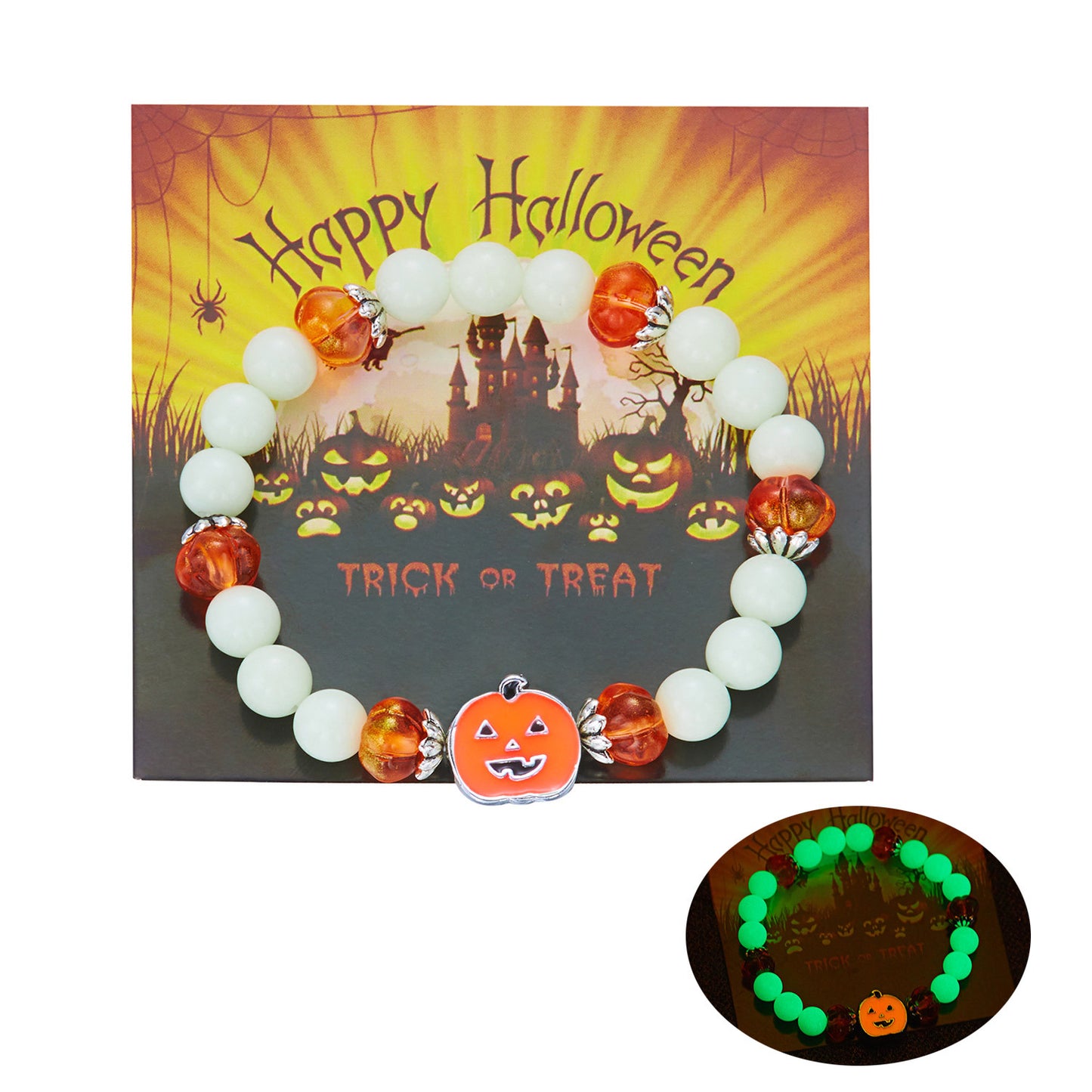 Pulsera de aleación con cuentas de calabaza y fantasma que brillan en la oscuridad para Halloween, con estilo lindo y atrevido para hombres y mujeres