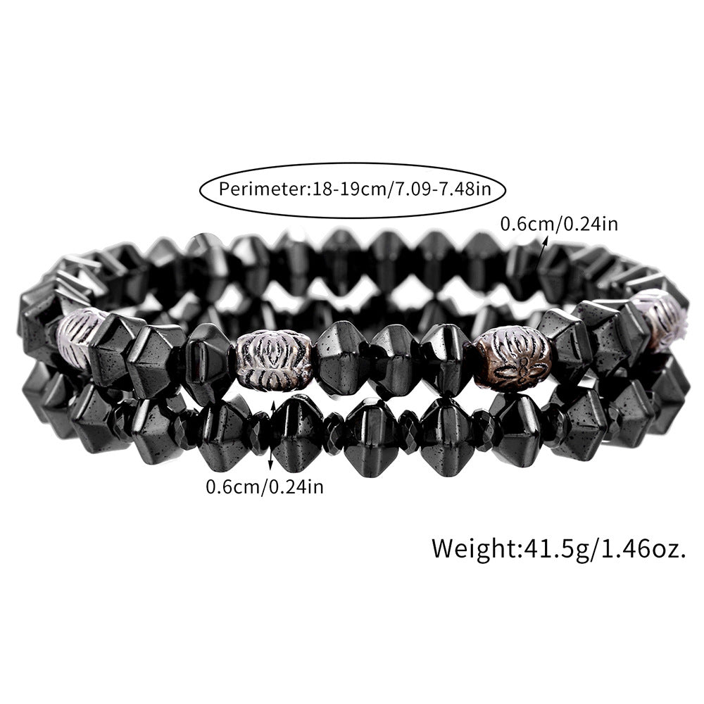 Men's Faceted Hematite and Alloy Beaded Bracelet Set with Geometric Cross Charms