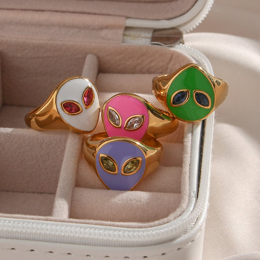 Anello Minimalista Geometrico Aliena da Donna in Acciaio Inossidabile con Placcatura Oro 18K e Finitura Smaltata