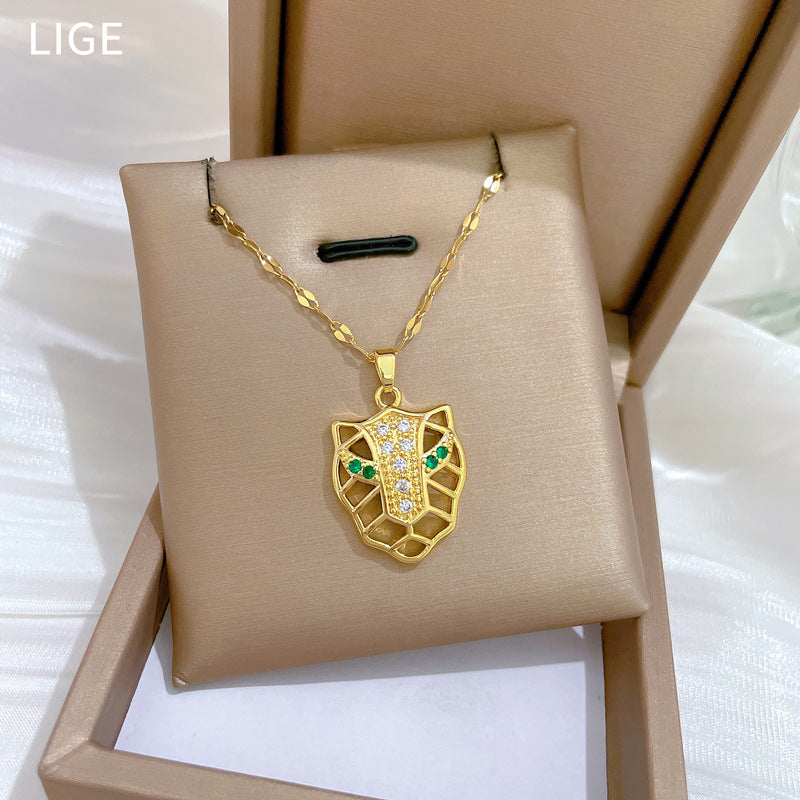 Luxury Leopard Head Pendant Necklace for Women Stainless Steel Snake Chain with Rhinestone Accents Geometric Design