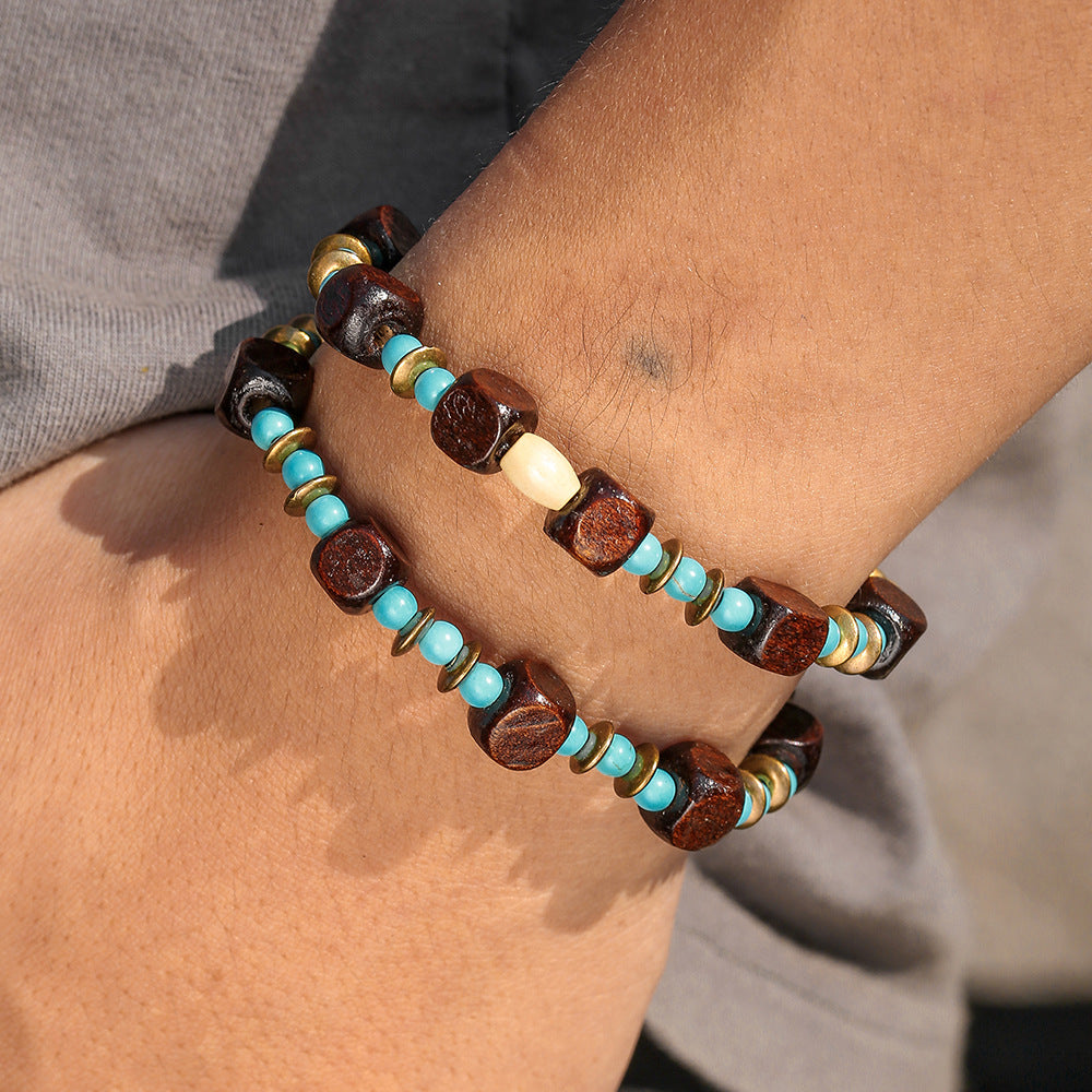 Vintage Round Wood Beaded Bracelet with Turquoise Inlay Unisex Multi-Layer Set