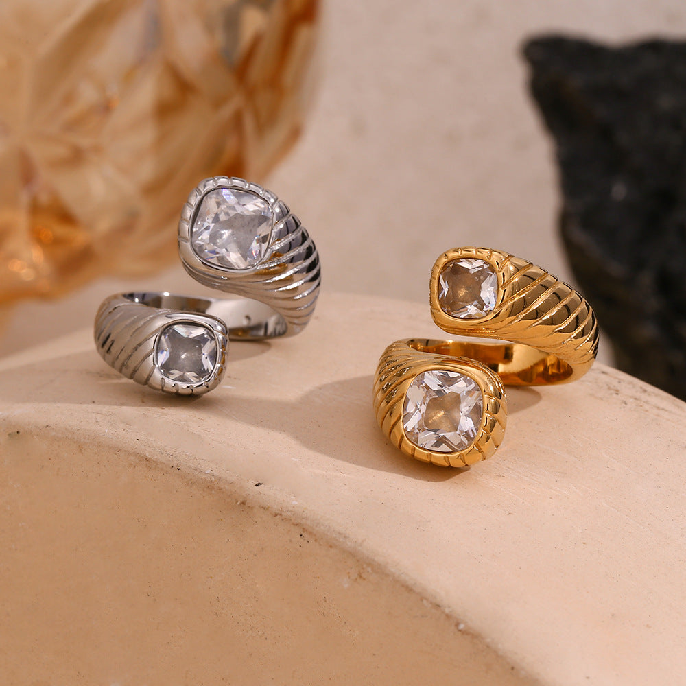Minimalist Geometric Stainless Steel Ring with 18K Gold Plating and Dual-Zirconia Texture for Women