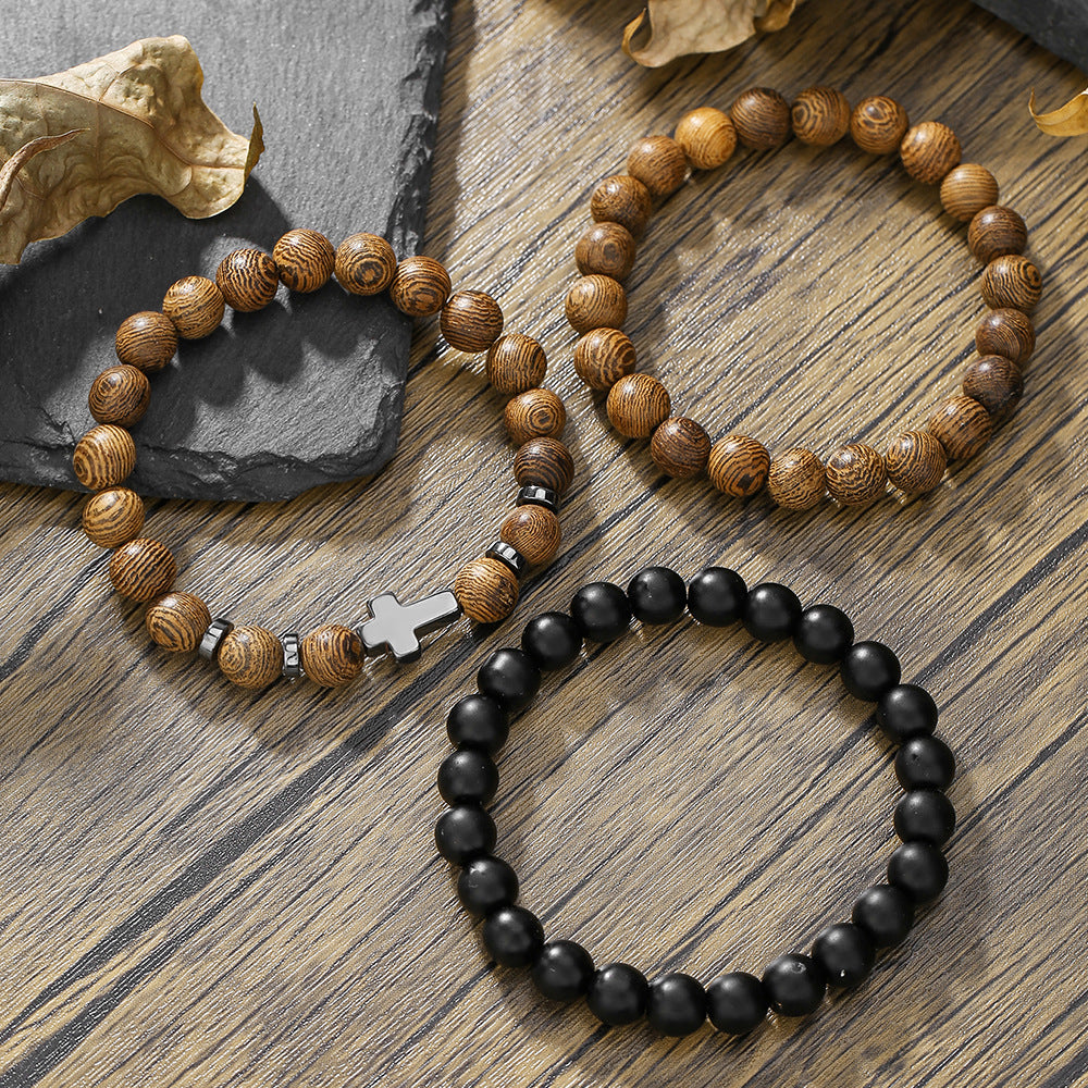 Matte Hematite Cross Wood Bead Stretch Bracelet