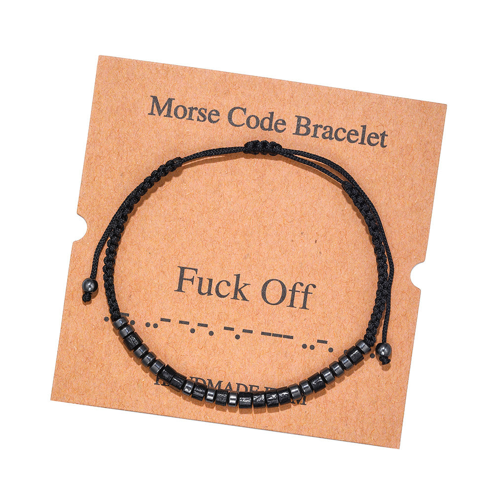 Handmade Geometric Morse Code Wood and Hematite Beaded Bracelet for Unisex