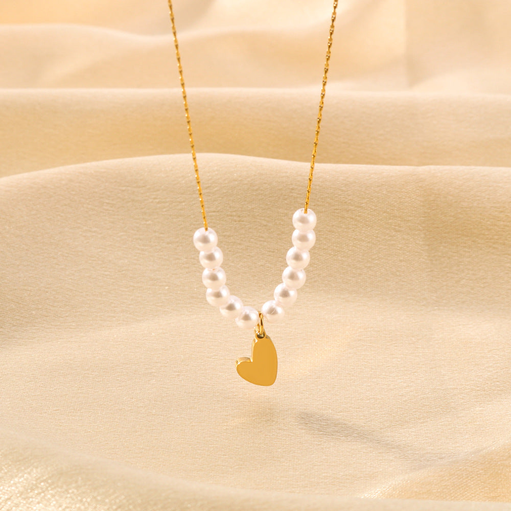 Minimalist Pearl Heart Pendant Necklace in Titanium Steel with 18K Vacuum Plated Finish for Women