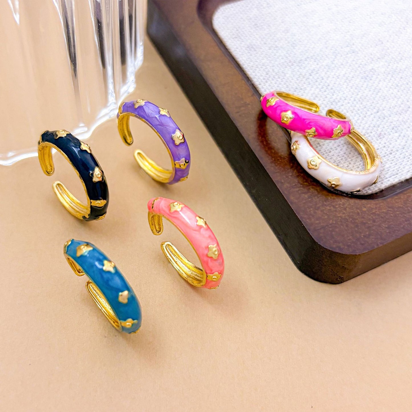 Vintage Sweet Gold Plated Brass Enamel Heart Adjustable Ring for Women