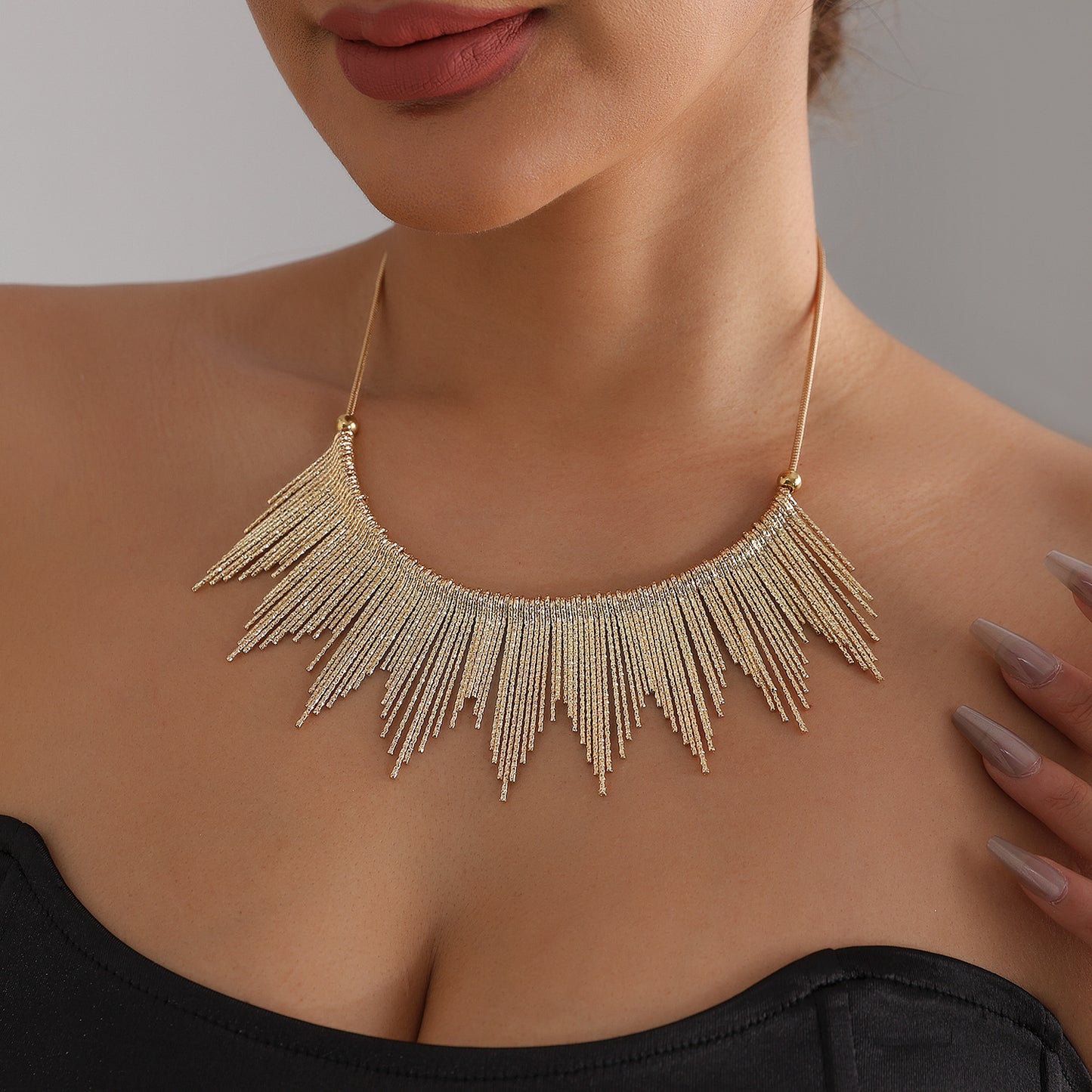 Textured Geometric Alloy Plated Pendant Necklace with Tassel for Women