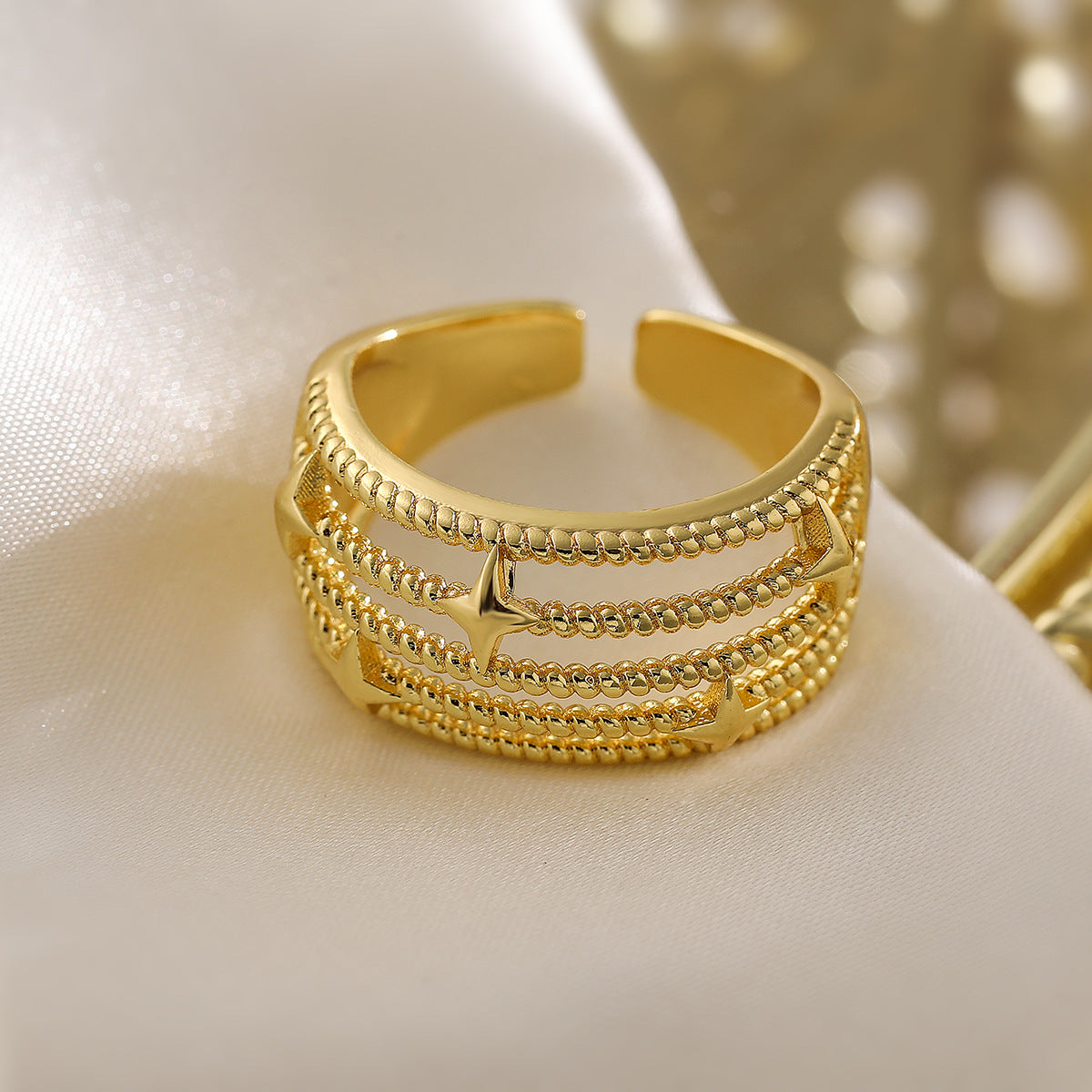 Minimalist Geometric Hollow-Out Copper Ring with 18K Gold Plating and Zircon Accents for Women